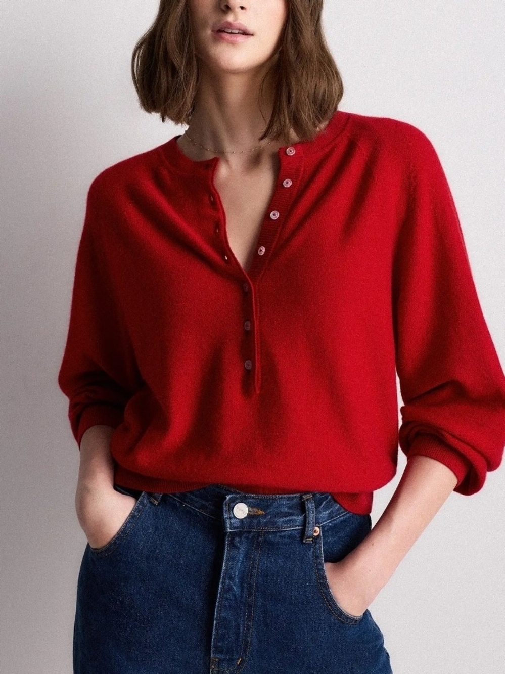 Quince Women Mongolian Cashmere Dolman Sleeve Henley Sweater In Red, Sz XS, New